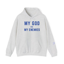 Load image into Gallery viewer, My God vs My Enemies Blue Sweatshirt, Spiritual Strength Pullover